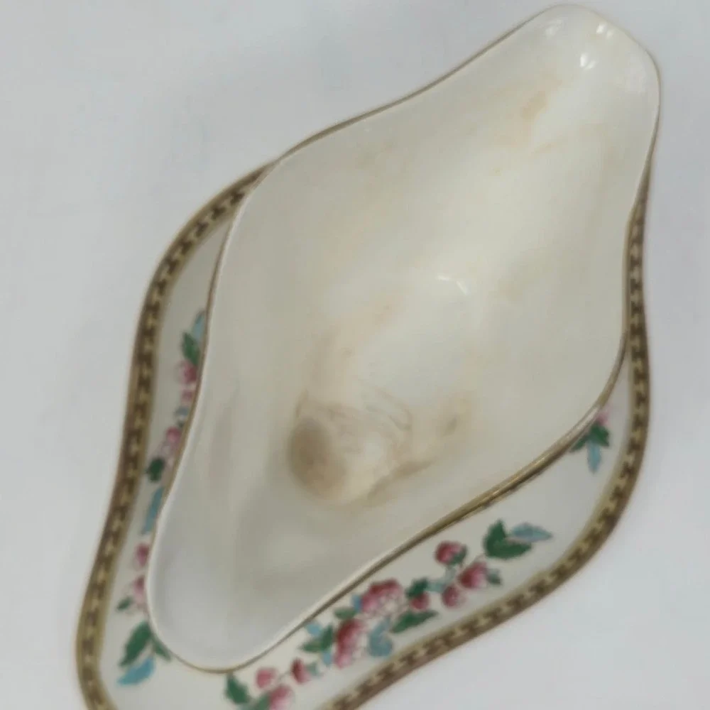 Antique Soho Pottery Indian Tree Gravy Boat Attached Underplate Cobridge England